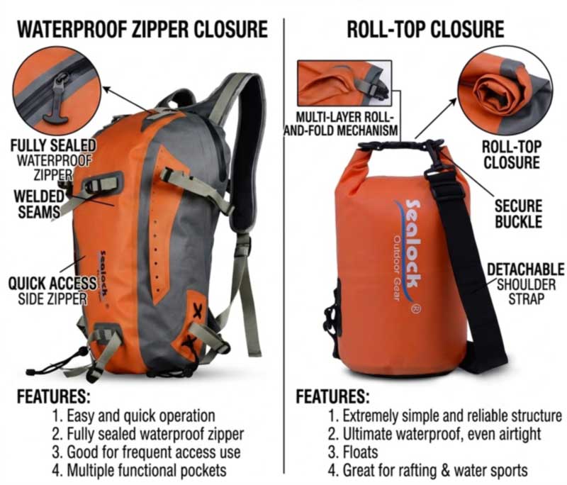 Roll Top vs vanntett glidelås campingbager for OEM-prosjekter